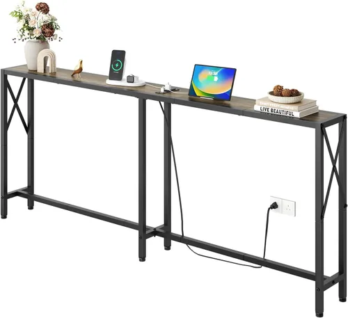 Miniatura 14 de Gewudraw Mesa consola de 41.7 pulgadas con tomacorriente, mesa estrecha detrás del sofá, diseño industrial delgado para pasillo, entrada, sala