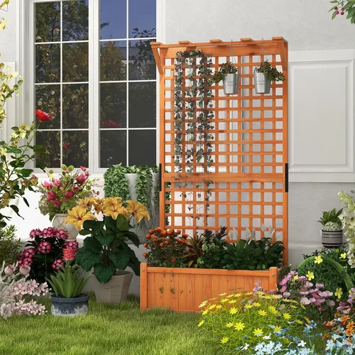Miniatura 2 de Giantex Cama de jardín elevada con enrejado, contenedor de madera de 60 pulgadas con agujeros de drenaje, enrejado alto para colgar macetas