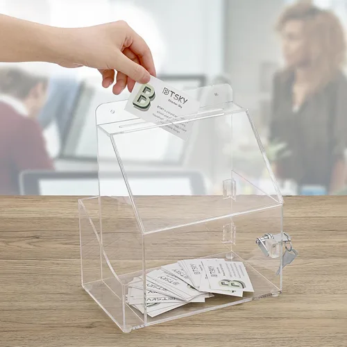 Miniatura 7 de BTSKY Caja de sugerencias de acrílico con candado, caja de donación acrílica montada en la pared con ranura para letrero de 5 x 7 pulgadas, urnas