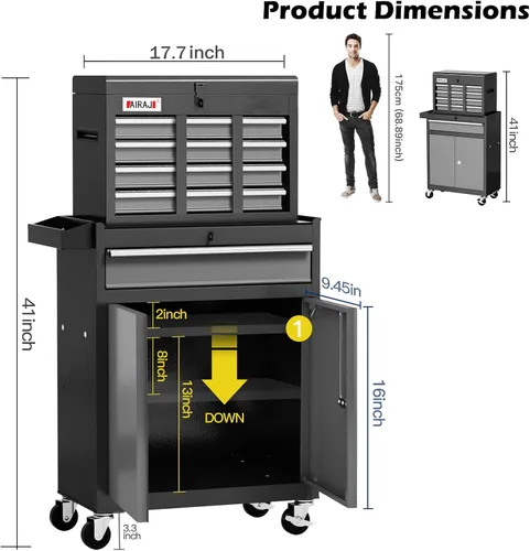 Miniatura 6 de Caja de herramientas con 7 cajones Caja de herramientas rodante de 40 pulgadas de alto con ruedas Caja de herramientas de metal superior