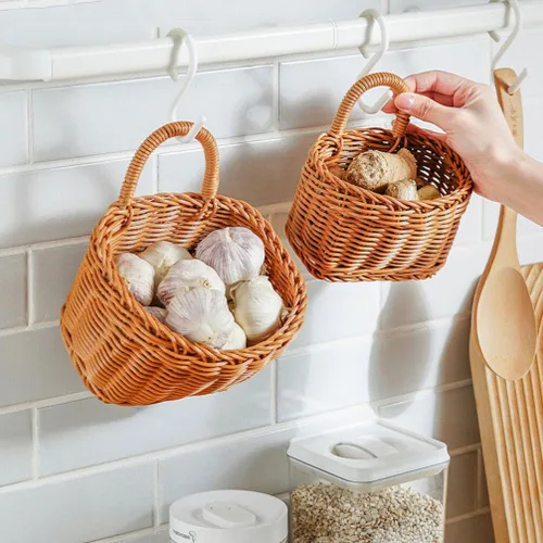 Miniatura 7 de ABOOFAN Cesta colgante de ratán, 2 piezas, tejida en la pared con ganchos, cesta de almacenamiento de frutas y verduras para utensilios de papa