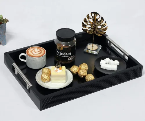 Miniatura 6 de Bandeja para servir con asas de metal pulido, bandeja rectangular para mesa de café de 16.5''x12'', bandeja decorativa moderna, bandeja otomana Negro