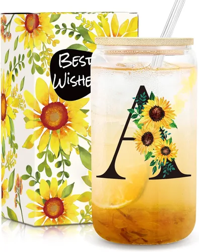 Frerdui Regalos de cumpleaños para mujeres, vasos de vidrio con inicial con tapas y pajitas, regalo de girasol para mujeres, regalo personalizado,