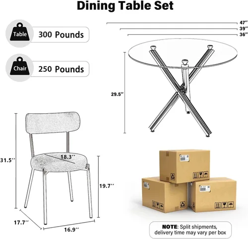 Miniatura 2 de Juego de mesa de comedor redonda de cristal negro para 2, juego de mesa de cocina pequeña y moderna de 36 pulgadas con 2 sillas de comedor tapizadas