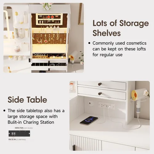 Miniatura 8 de Vabches Escritorio grande de tocador de 59 pulgadas con espejo y luces, mesa de tocador de maquillaje blanca con gabinete de joyería y 7 cajones