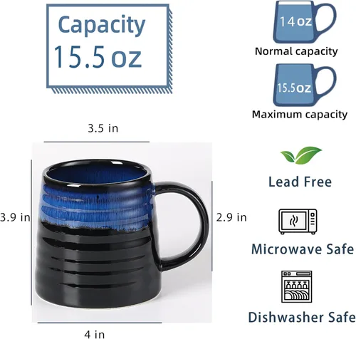 Miniatura 2 de Taza de café grande de cerámica, tazas de cerámica hechas a mano, tazas de té con mango grande para oficina y hogar, 15.5 onzas, aptas para Azul