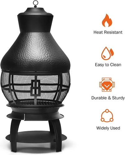 Miniatura 6 de SAFSTAR Chiminea de hierro fundido para exteriores, chimenea de madera con póquer de fuego, cubierta de malla ignífuga de 360°, hoguera de leña