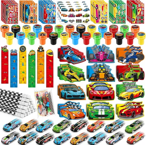 BenLouis 96 piezas de recuerdos de fiesta de autos de carreras con tema de carreras, juego de papelería escolar a granel para niños, ruedas de