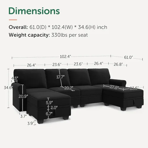 Miniatura 2 de HONBAY - Sofá seccional con asiento de almacenamiento de terciopelo, en forma de U, con tumbona reversible, sofá seccional convertible para sala