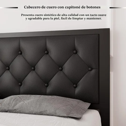 Miniatura 5 de Feonase Marco de cama de metal tamaño doble con cabecera capitoné de cuero sintético con botones, marco de cama tipo plataforma resistente