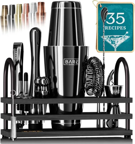 Miniatura 10 de BARE BARREL Mixology Bartender Kit Bar Set Juego de coctelera de 14 piezas Herramientas de mezcla de Martini Barware para el hogar 35 tarjetas