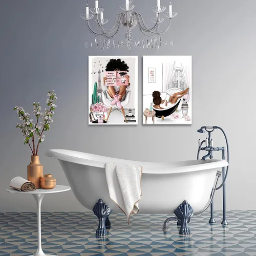 Miniatura 3 de 2 piezas enmarcadas de arte de pared afroamericano moderno París rosa blanco afro negro niñas mujeres lienzo decoración pared cuadros cuadros
