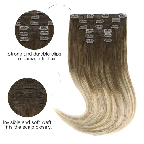 Miniatura 2 de HOTBANANA - Extensiones de cabello humano con pinzas, color castaño nogal ombré a castaño ceniza y rubio decolorado, 4.23 onzas, cabello humano