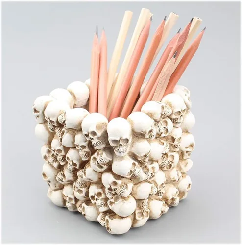 Miniatura 5 de Mikayoo Soporte para bolígrafo de calavera – Soporte para brochas de maquillaje y caja de almacenamiento para escritorio de oficina o tocador, Negro