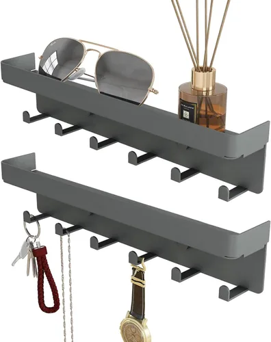 Miniatura 10 de Soporte para llaves de pared, organizador rústico de llaves y correo, 6 ganchos para llaves con estante, pequeño estante para llaves con bandeja