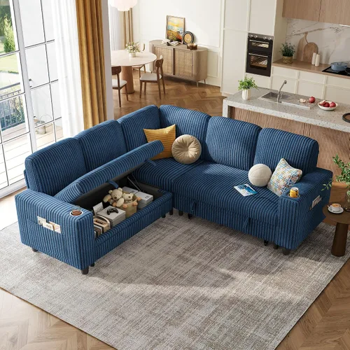 Miniatura 12 de LINSY HOME - Sofá cama extraíble modular con sección para dormir, con almacenamiento, sofá seccional de pana mullida para sala de estar, sofá cama