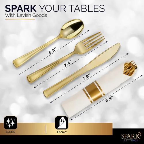 Miniatura 2 de Juego de cubiertos de plástico dorado, 50 servilletas y cubiertos preenrollados, elegante juego de plástico envuelto con servilleta, tenedores