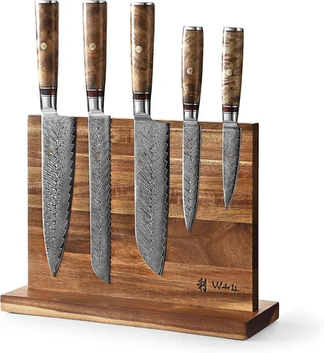 Wakoli Juego de cuchillos de chef de Damasco con bloque magnético – Juego de bloque de cuchillos de cocina profesional de 5 piezas, cuchillas