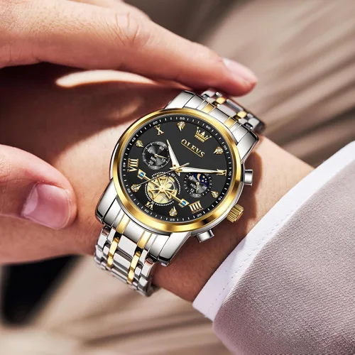Miniatura 2 de OLEVS Relojes para hombre de acero inoxidable con cronógrafo, reloj de pulsera grande analógico de cuarzo, relojes de vestir impermeables de moda