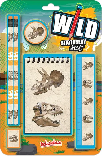 Wild Stationery Set - Dinosaurio de Deluxebase. Juegos de papelería de animales con 2 lápices, borrador, sacapuntas, regla y lindo cuaderno.