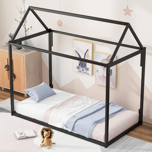 Base de cama de metal de tamaño individual con plataforma en forma de casa de techo, para niños y niñas, soporte de metal resistente, perfecto para