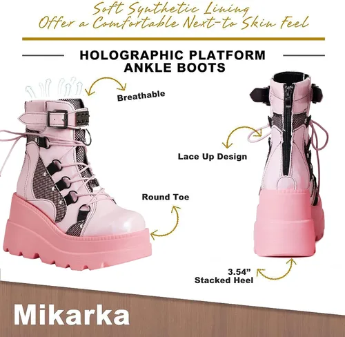 Miniatura 3 de mikarka Botas de plataforma holográfica para mujer, con cordones, hebilla con tachuelas, góticas, apiladas, botas de combate