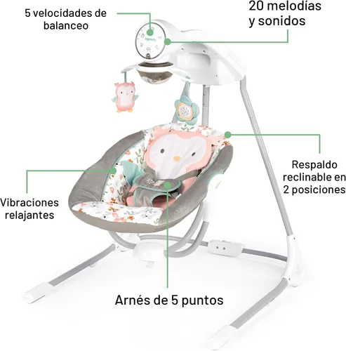 Miniatura 4 de Ingenuity InLighten - Columpio para bebé de 5 velocidades, asiento giratorio para bebé, arnés de seguridad de 5 puntos, sonidos naturales, luces