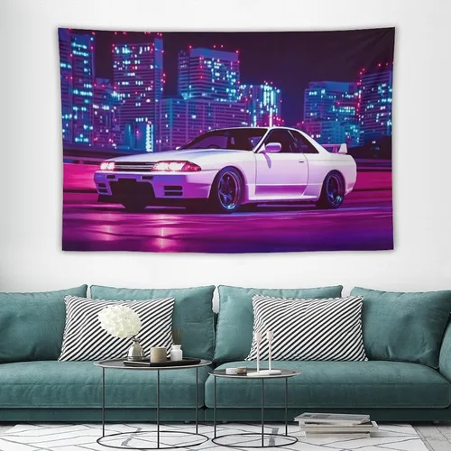 Miniatura 3 de PailailaiNest Arte de pared Jdm Car White R32 Neon City Night Scene Estética Tapiz colgante de pared para dormitorio, decoración de pared del hogar