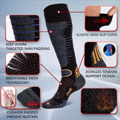 Miniatura 6 de Calcetines de esquí de lana merino para hombre y mujer, 2 pares para esquí, snowboard, térmicos hasta la rodilla, calcetines de rendimiento