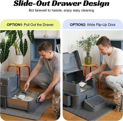 Miniatura 2 de Caja de arena cerrada de acero inoxidable para gatos con tapa y alfombra, caja de arena extra grande para gatos con cajón, caja de metal para gatos