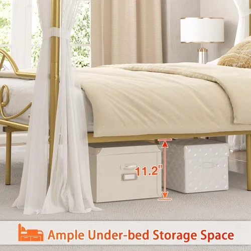 Miniatura 2 de Weehom - Estructura de cama con dosel individual, con cabecero y pie de cama, cortinas de cuatro postes de metal, diseño de plataforma de cama