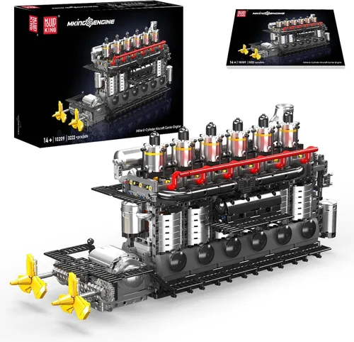 Mould King 10209 - Juego de construcción de motor portaaviones, 3222 piezas en línea de 6 cilindros militares de aviación con pistones móviles y