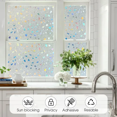 Miniatura 2 de Coavas Película de privacidad para ventana de vidrieras 3D arco iris, control de calor, bloqueo UV, no adhesivo, película de vinilo extraíble, tinte