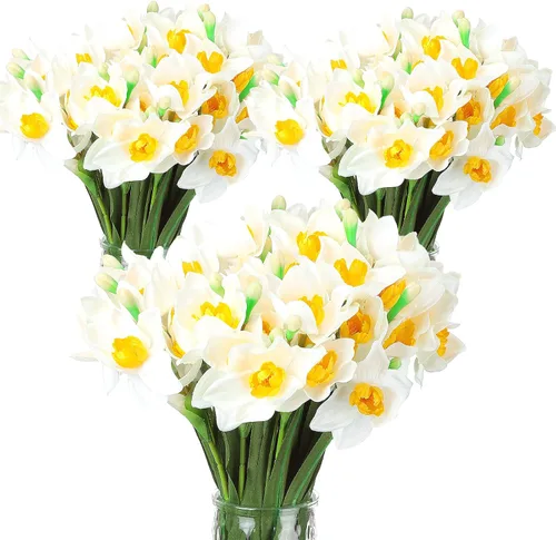 30 flores artificiales de narcisos de 16.4 pulgadas, flores artificiales de primavera para decoración del hogar, flores decorativas de interior,