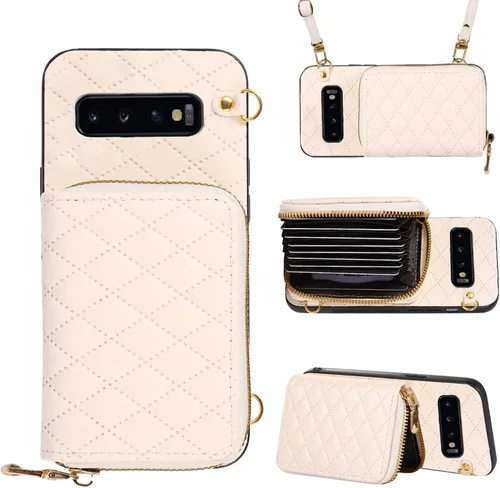 Funda tipo cartera con correa cruzada desmontable para Samsung Galaxy S10 Plus con cremallera, múltiples ranuras para tarjetas, soporte de piel
