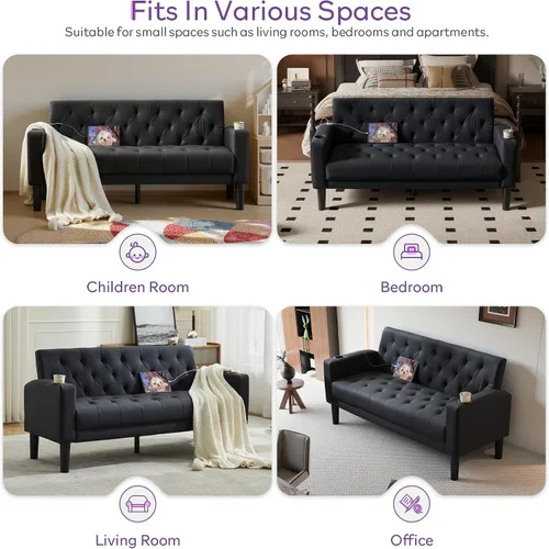 Miniatura 7 de TYBOATLE Sofá loveseat de 62" de ancho con 2 puertos de cargador USB y 2 portavasos, sofá de amor pequeño tapizado de cuero negro estilo moderno