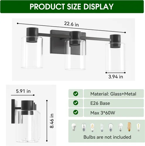 Miniatura 6 de Apliques de pared negros mate de 3 luces para baño, modernas lámparas de tocador sobre espejo, lámparas de baño con pantalla de vidrio transparente