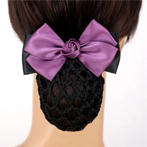 Miniatura 8 de Woman Pro Snood Net Bow Barrette Hair Clip Moño Cover Set Bowknot Decoración Café gris púrpura azul