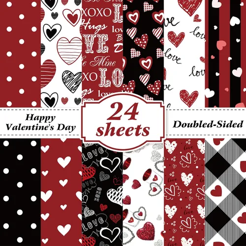 Papel con Patrón de San Valentín de Doble Cara Papel Decorativo para Álbum de Recortes de San Valentín, Cartulina Roja y Negra con Corazones de Amor