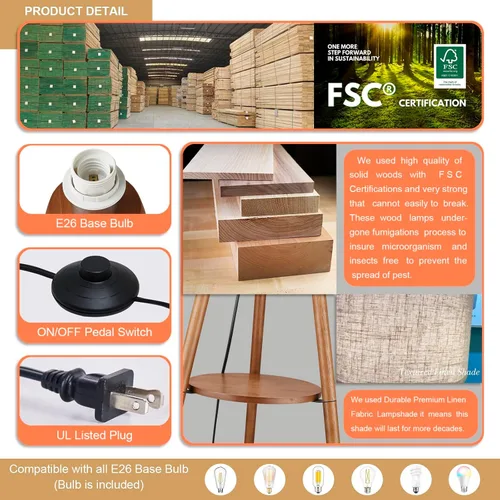 Miniatura 4 de Lámpara de pie trípode de madera BTP, luz de pie de granja con estante de madera y pantalla de tambor para sala de estar, dormitorio, oficina