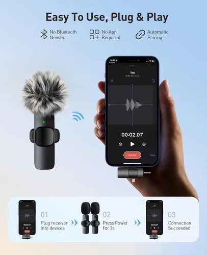 Miniatura 2 de MENERESAS Mini micrófono 3 en 1 para iPhone: Micrófonos Lavalier inalámbricos para iOS/Android/Cámara - Micrófono de solapa con reducción de ruido
