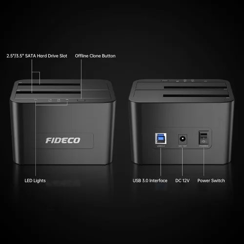 Miniatura 7 de Estación de acoplamiento de disco duro externo FIDECO, base de disco duro para HDD SATA SSD de 2.5 y 3.5 pulgadas, estación de acoplamiento de disco