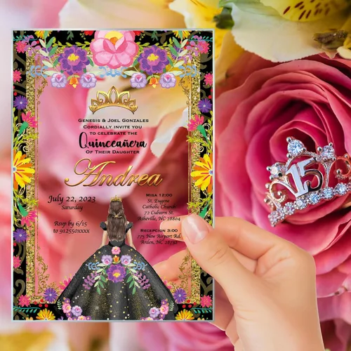 Miniatura 3 de Invitación de quinceañera Vestido negro Invitación de cristal, Mis Membrillo, Dulce 15, Dulce 16, Diseño floral, XV Aros, 15 años