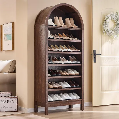 Miniatura 8 de IFGET Armario de almacenamiento de zapatos arqueado de 67 pulgadas de alto, 8 niveles y 8 pares de zapateros de madera con 3 estantes ajustables
