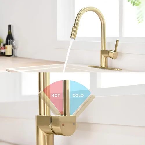 Miniatura 7 de Grifo de cocina dorado con rociador extraíble, grifo de fregadero de cocina extraíble de una sola manija de 1 y 3 agujeros con placa de cubierta