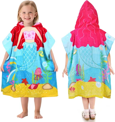 Tirrinia Toalla de poncho de sirena para niños, toallas con capucha para niñas de 2 a 7 años, regalo de 24 x 52 pulgadas, 100% algodón