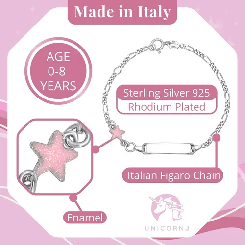 Miniatura 3 de UNICORNJ 925 Italy Sterling Silver Child or Baby Name Bracelet Girls Boys, Personalized Engraved Kids ID Bracelets, 6.5" Figaro Chain, Enamel Charm