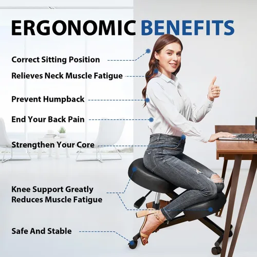Miniatura 3 de Silla ergonómica de oficina, taburete ajustable en altura con cojines de espuma gruesos y ruedas deslizantes suaves para mejorar la postura