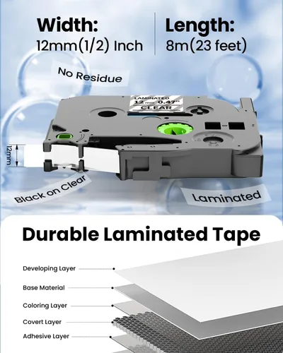 Miniatura 4 de Repuesto para cinta Brother Label Maker Clear TZ de 0.472 in 0.47 pulgadas, cinta de etiquetas Ptouch negra sobre transparente TZe-131 TZe131 P