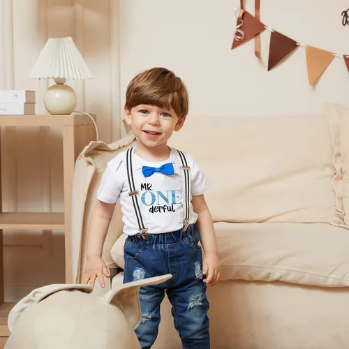 Miniatura 14 de Conjunto de ropa de cumpleaños para bebé niño pequeño, con tirantes, pantalones de mezclilla rasgados